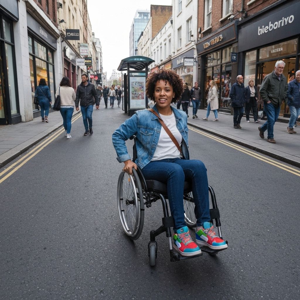 Person in wheelchair on urban street